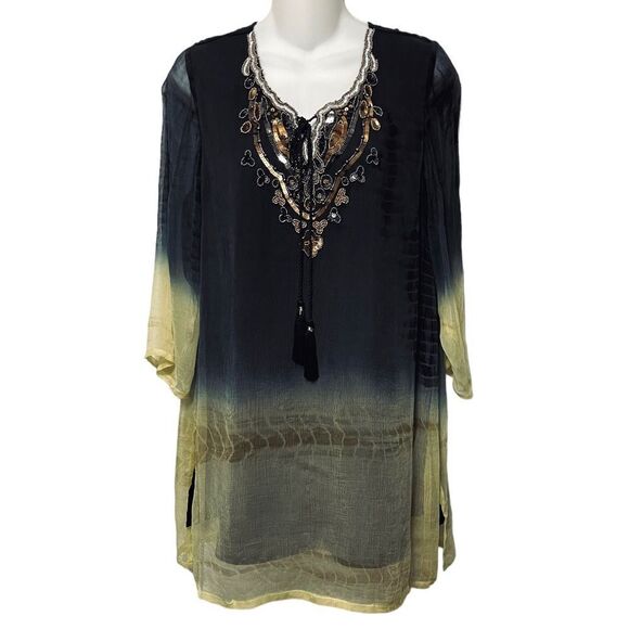 NOVICA Tie-Dye Beaded Viscose Tunic Top S - Picture 2 of 12